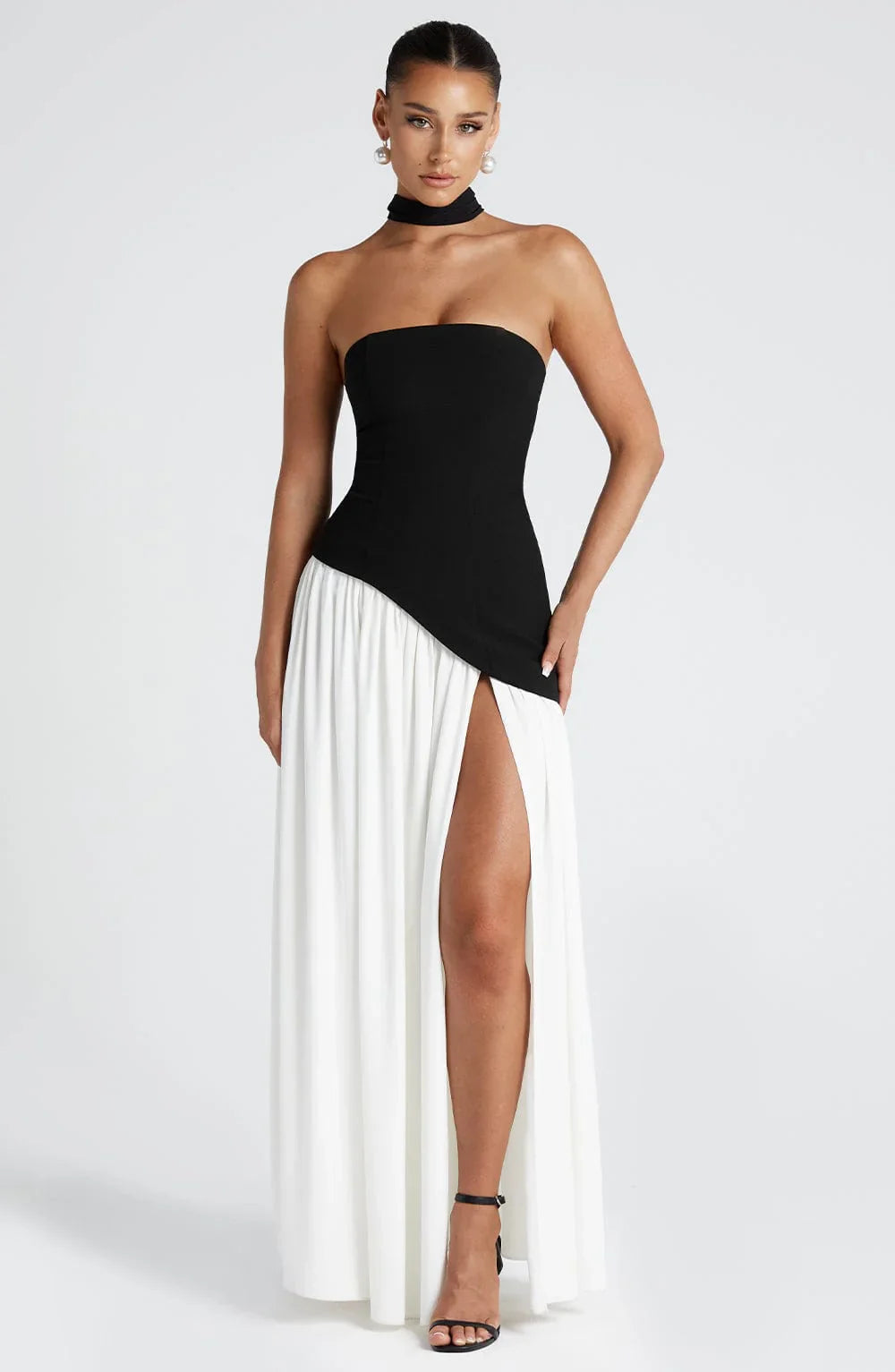Crimson Allure | Strapless Maxi Gown with Matching Scarf
