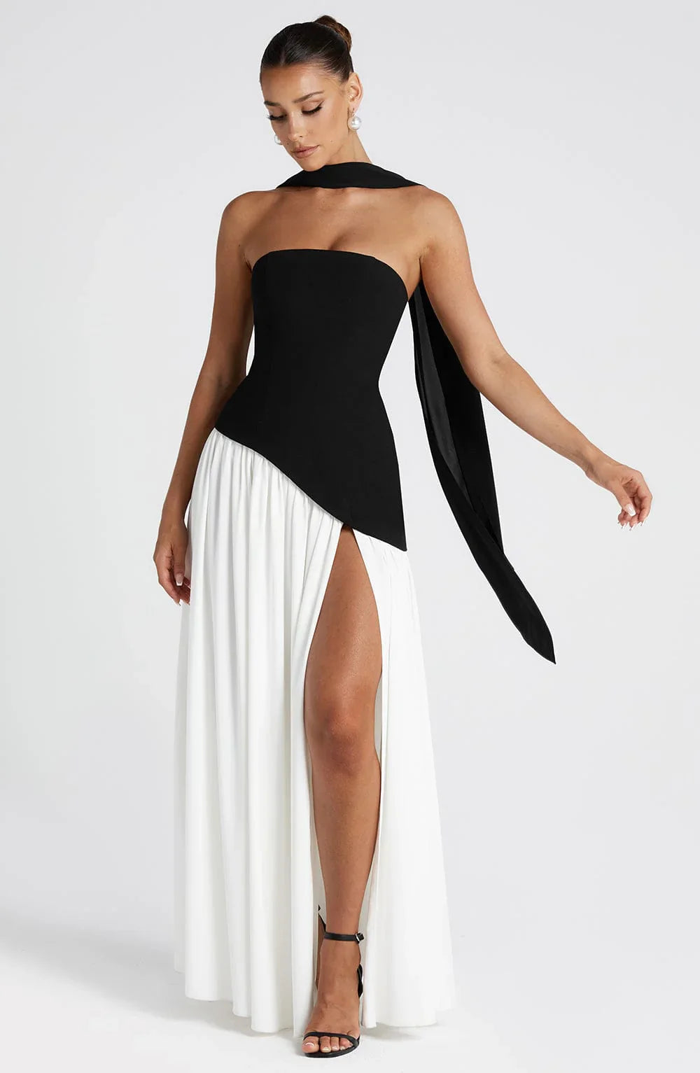 Crimson Allure | Strapless Maxi Gown with Matching Scarf