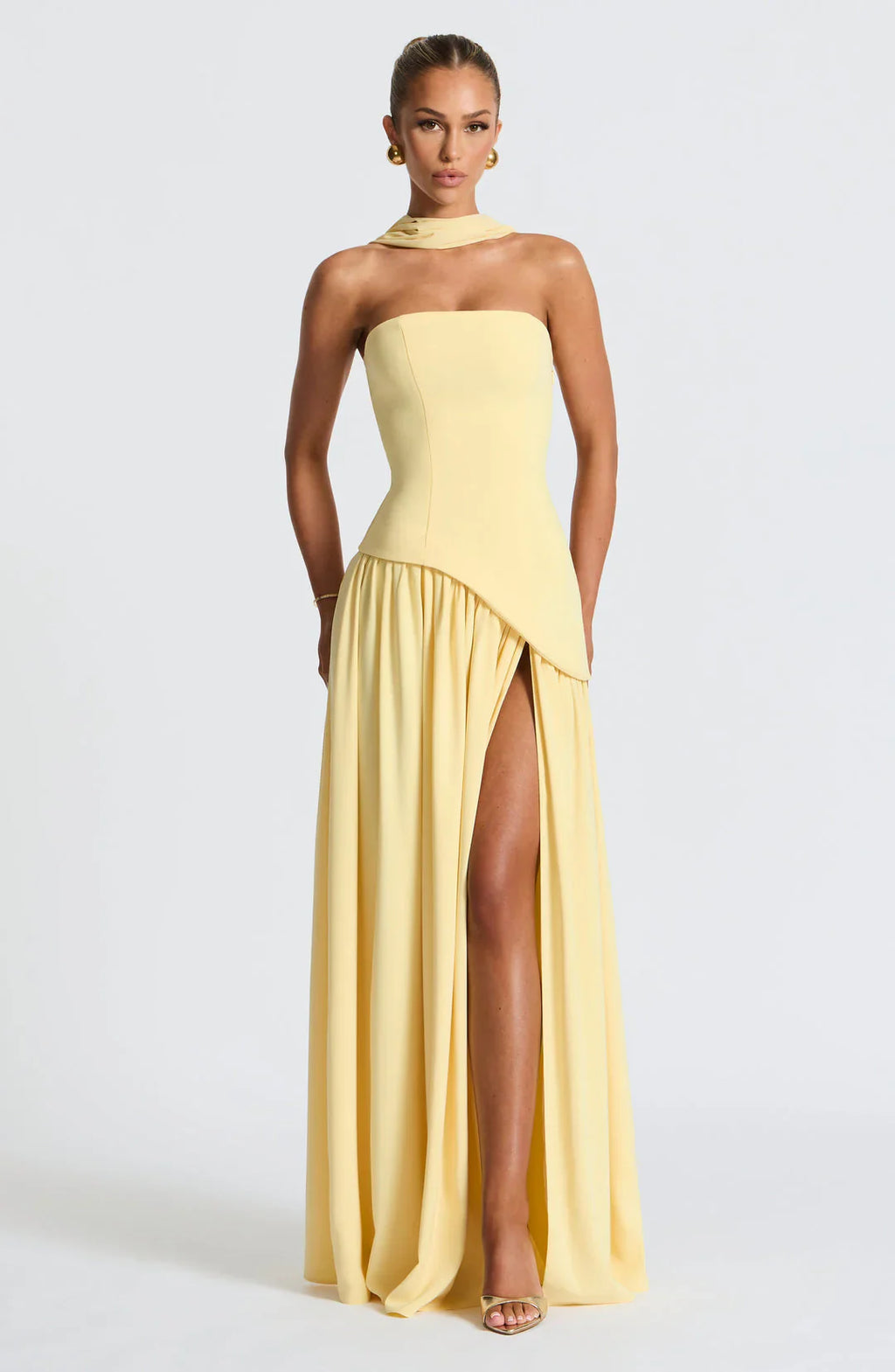 Crimson Allure | Strapless Maxi Gown with Matching Scarf