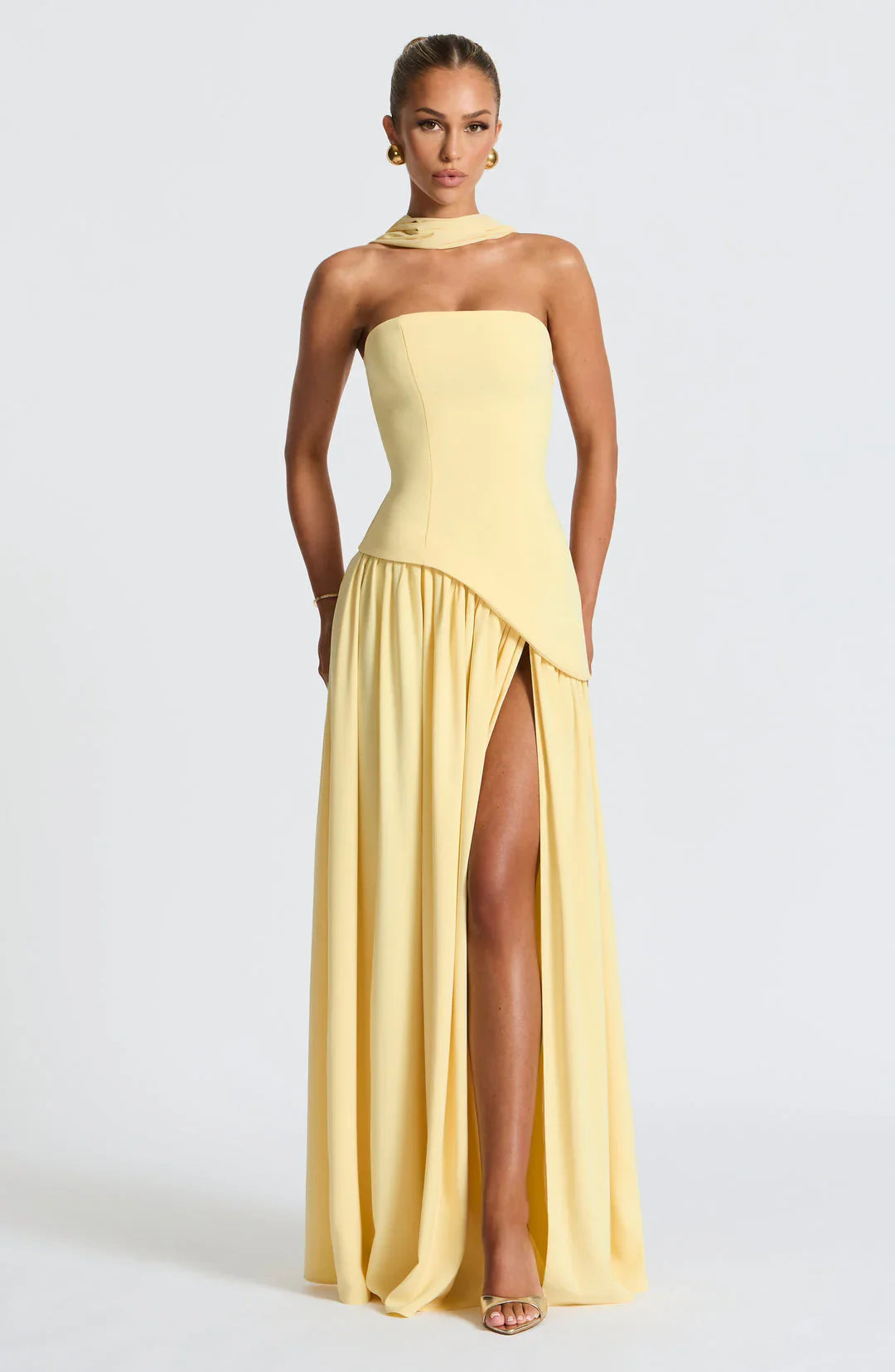 Crimson Allure | Strapless Maxi Gown with Matching Scarf